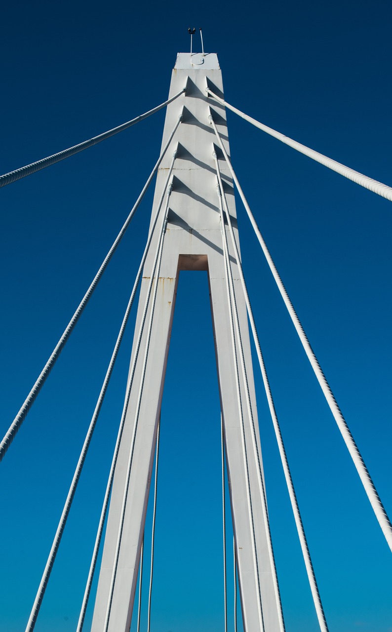 sky, steel, architecture, contemporary, rope, tower, bridge, connection, outdoors, nature, industry, suspension bridge, travel, suspension, transportation system, blue industry